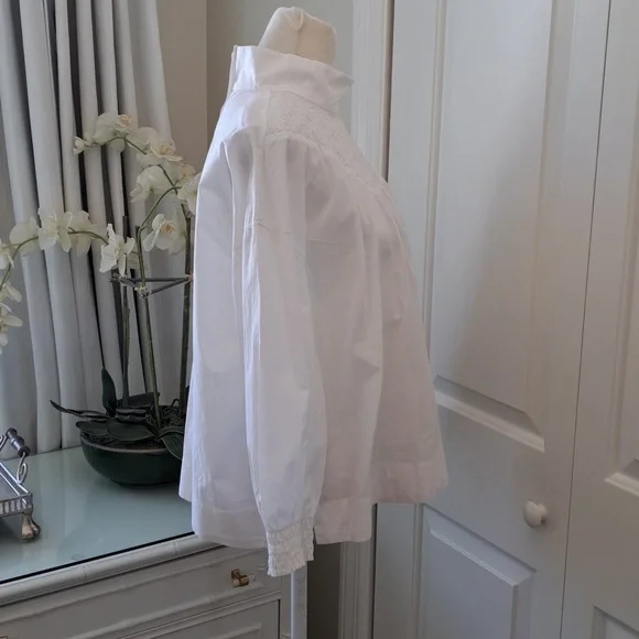 Everlane Womens White Cotton Smocked Neck Baby Doll Tunic Blouse Puff Sleeves MD - Picture 5 of 9